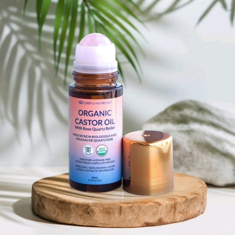 New QUEEN OF THE THRONES 100% Pure Extra Virgin Organic Castor Oil With Rose Quartz Roller - 50ml | EXP 02/2026
