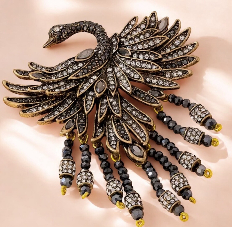Heidi Daus Signed Elegant Swan Handcrafted Brooch with Black & Clear Gemstone Glass Accents Large Statement Piece Approximately 4.5 x 3.5 Inch