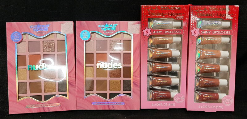2 New Cour Spell "Nudes" 24 Colour Shadow Palettes & L.A. Colors 6pc Shiny Lipgloss Sets