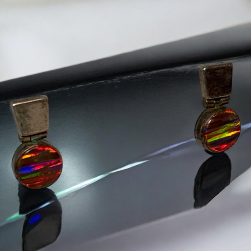Black Fire Opal Mexico 950 Sterling Silver Pierced Earrings TA-07 .8 Inch Drop Articlated Sterling Square Round Circle Stone