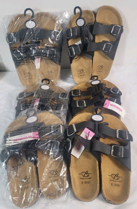 6-Pairs New BobbieBrooks Women's Sandles w/Cork Soles . Sizes : S (5/6) &times;2 , M (7/8) &times;2 & L (9/10) &times;2