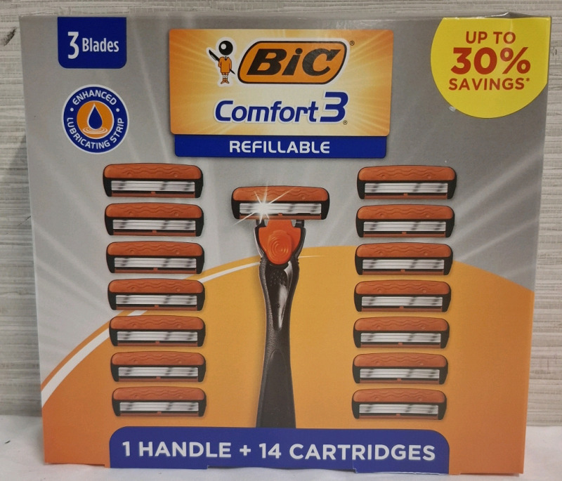 New in Box | BiC Comfort3 Razor (Refillable) | Includes- 1 Handle & 14 Cartridges | Box Measurements- 8.8" X 8"
