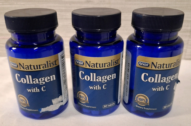3 New Rexall Naturalist Collagen with C Bottles | 30 Tablets each | BB 08/2025