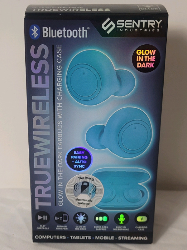 New - Sentry Industries Bluetooth TrueWireless Flow-In-The-Dark Earbuds w/Charging Case .