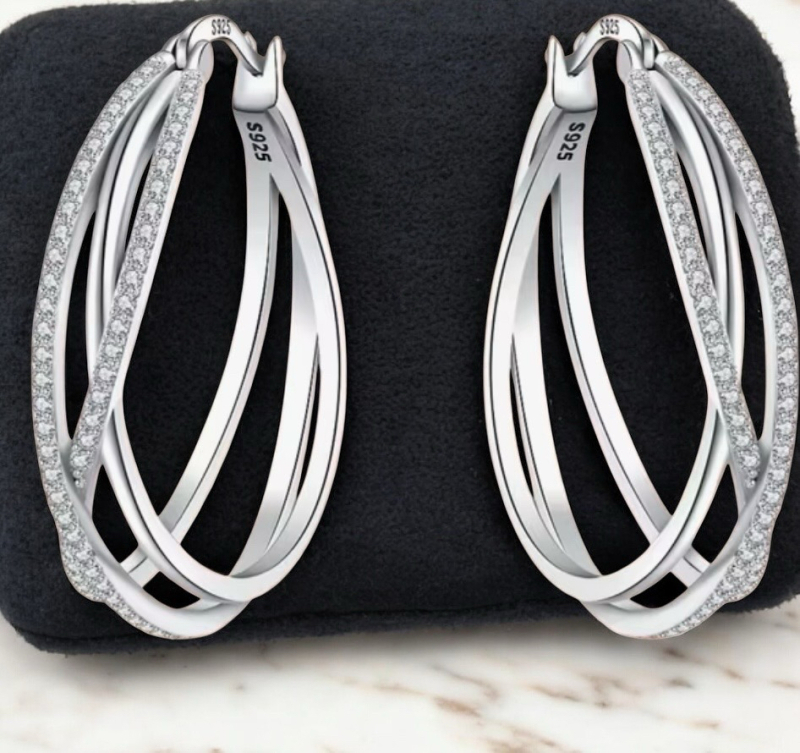 Elegant 925 Sterling Silver Pierced Earrings with Cubic Zirconia Approximately 1 inch drop Rhodium Plate stamped