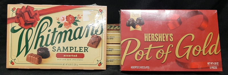 4 New Whitmans Sampler Chocolate Boxes (228g each, Best Before April 2025) and Hershey's Pot of Gold Assorted Chocolates (4.29oz, Best Before May 5th 2025)