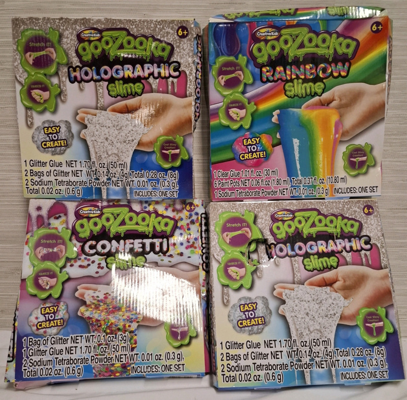 4 New Creative Kids Goozooka Slime Boxes | Boxes Includes- Glue, Glitters, Sodium Tetraborate Powder & Paint pots | 0.6g NT each
