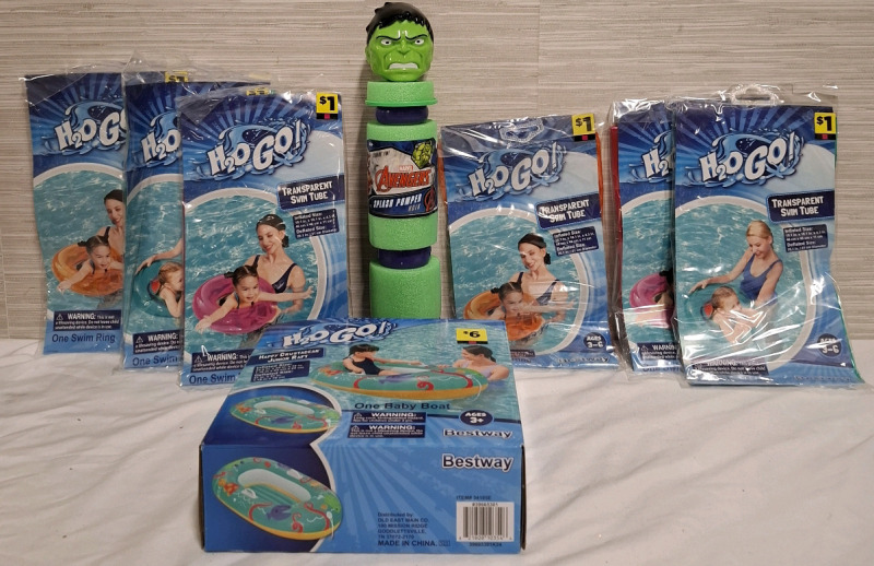 6 New H2O GO Swim Tubes (Measures- 18.1" X 18.1" X 4.3"), 1 New H2O GO Inflatable Boat (Measures- 43.5" X 26" X 10") and 1 New Marvel Splash Pumper