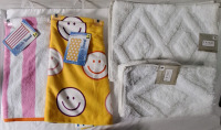 2 New Smiley Beach Towels (Fabric- 100% Polyester & Measures- 28" X 58") & 2 New Home The Collection Accent Rugs (Measures- 28.5" X 19")