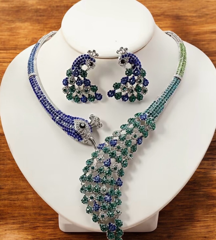 Beautiful Jewelry Set with Peacock Earrings and Necklace<br/>Approximately 1.75 Inch pierced Earrings drop Necklace 14.5 inch plus extender chain Blue Green Beautiful Rhinestones
