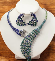 Beautiful Jewelry Set with Peacock Earrings and Necklace<br/>Approximately 1.75 Inch pierced Earrings drop Necklace 14.5 inch plus extender chain Blue Green Beautiful Rhinestones