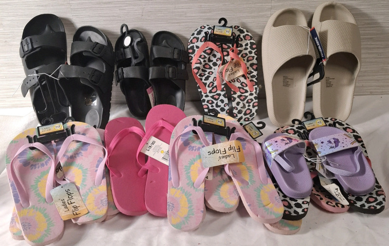 10+ Assorted Sizes 5-11 Toddler/Men/Ladies Sandles and Flip Flops Pairs | Brands Includes- Mission Ridge, Toddler Boys/Girls and more
