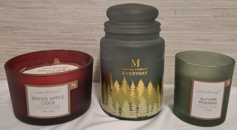 2 New Perfect Harvest Scented Candles (397g each) & 1 New Matha Stewart Scented Candle (510g) | Tallest Measure Heights- 6.5"