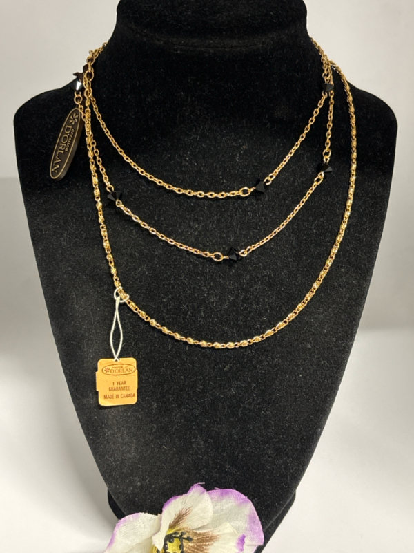 Two DOrlan Signed Necklace Chains Fold Over Clasp with Black Bicones 26 Inch / Fancy J Hook Clasp Chain 16 inch 2.5 In extender Canadian Vintage Designer