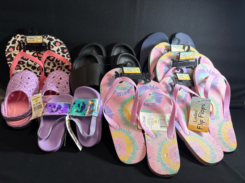 10 New pair of Assorted Sandals| Sizes (Kids 5/6) | (Toddler 7/8) | Ladies 5/6, 7/8 | Men 9/10