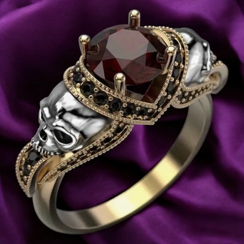 CZ Inlay Skull Ring Synthetic Garnet Stone Band Size 10