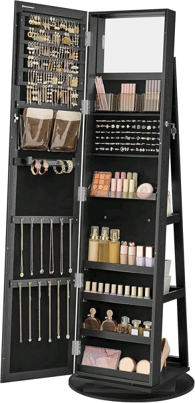 New - SONGMICS 360&deg; Swivel Jewelry Cabinet, Lockable Jewelry Organizer with Full-Length Mirror, Black . Measures 63.5" tall w/23" diameter base