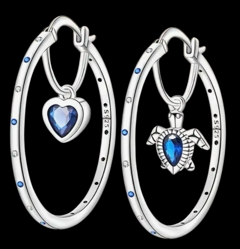 Original 925 Sterling Silver Turtle / Heart Asymmetrical Hoop Earrings CZ<br/>1.4 Inch Drop Stamped
