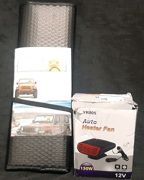 New Windshield Sun Shade Specifically Designed for Jeep Wrangler Vehicles & New in Box 150w 12V Auto Heater Fan (Product Measures 8" Long, 5" Wide, 2&frac12;" Tall)