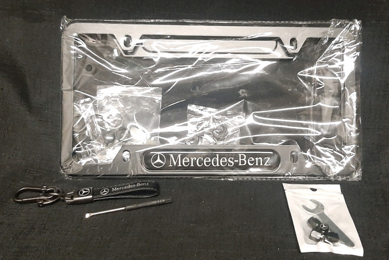 New Mercedes Benz License Plate Frame w/ Installation Pieces & Keychain (Frame is 12&frac12;" Long, 6&frac12;" Wide)