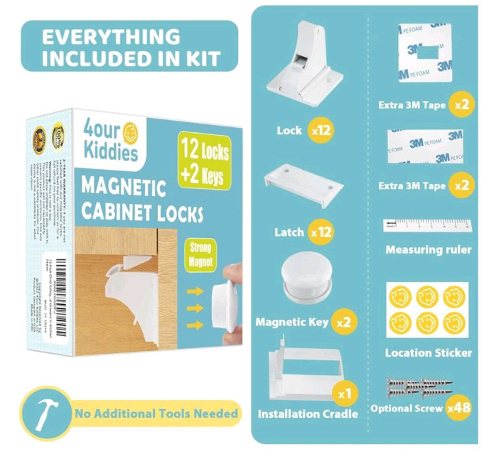 New | 4OurKiddies Magnetic Cabinet Locks | 12 Locks & 2 Keys | Box Measures 6" x 6"