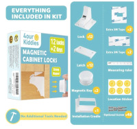 New | 4OurKiddies Magnetic Cabinet Locks | 12 Locks & 2 Keys | Box Measures 6" x 6"