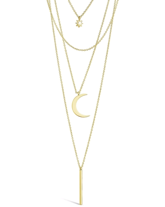 New STERLING FOREVER 14K Gold Plated Crescent & Bar Multi Layer Necklace - Measures Up To 18" | Retails $107!
