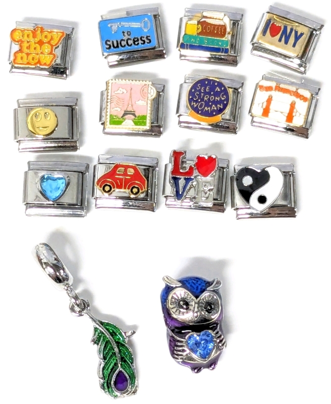 12 Italian Charm Bracelet Charms, Loop-Style Peacock Death Bracelet Charm & Owl Bead - Longest 1"