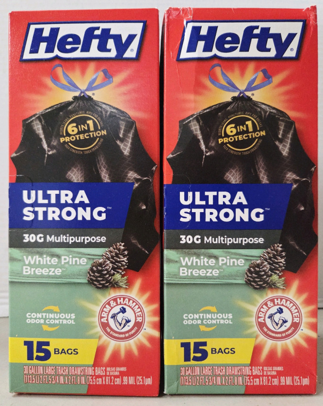 30 New | HEFTY Ultra Strong 30Gal Multi-Purpose White Pine Breeze Scented Arm&Hammer Large Trash Drawstring Bags