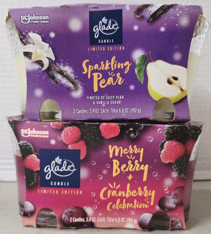 4 New | 3.4oz GLADE Candles in Scents Merry Berry + Cranberry Celebration & Sparkling Pear
