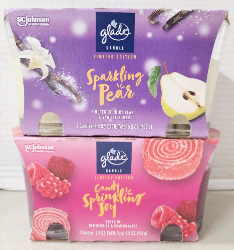 4 New | 3.4oz GLADE Candles in Scents Candy Sparkling Joy & Sparkling Pear