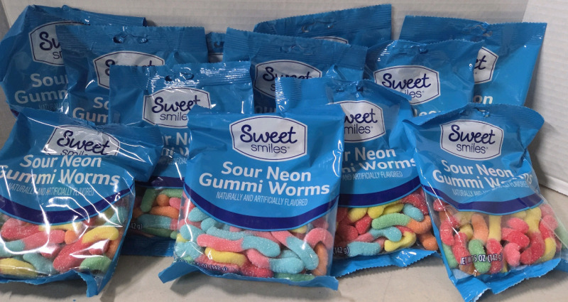 12 New 142g Bags | Sweet Smiles Sour Neon Gummi Worms | BB: 10/10/26