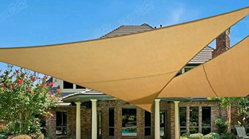 New - E.share 18ft &times; 18ft &times; 18ft UV Triangle Block Sun Shade Sail for Outdoor Patio & Garden , Tan . Retail $82