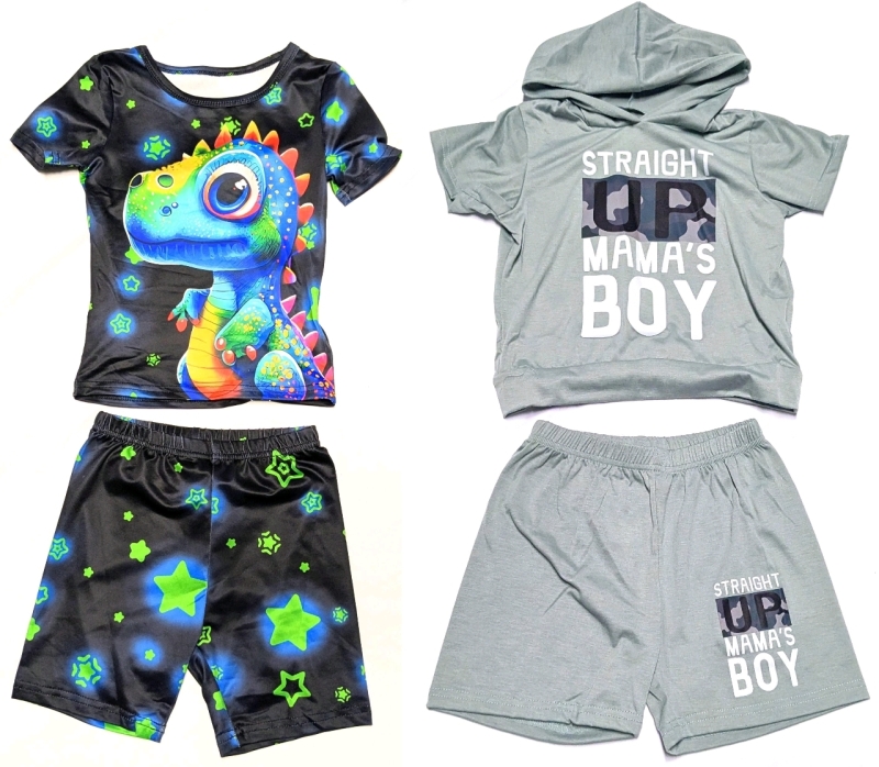 2 New Size 5Y Boys 2-Piece Shirt & Shorts Sets : Neon Dinosaurs & Straight Up Mama's Boy