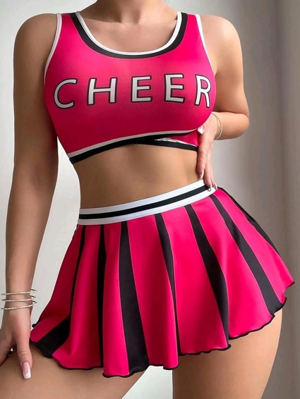 New Size Large Women's 3-Piece Cheerleader Lingerie Set : Crop Top, Thong & Skirt