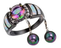 925 Sterling Tahitian Colour Drop Earrings Stamped Gemstone Inlaid Ring Shining Colourful Loghts Size 7