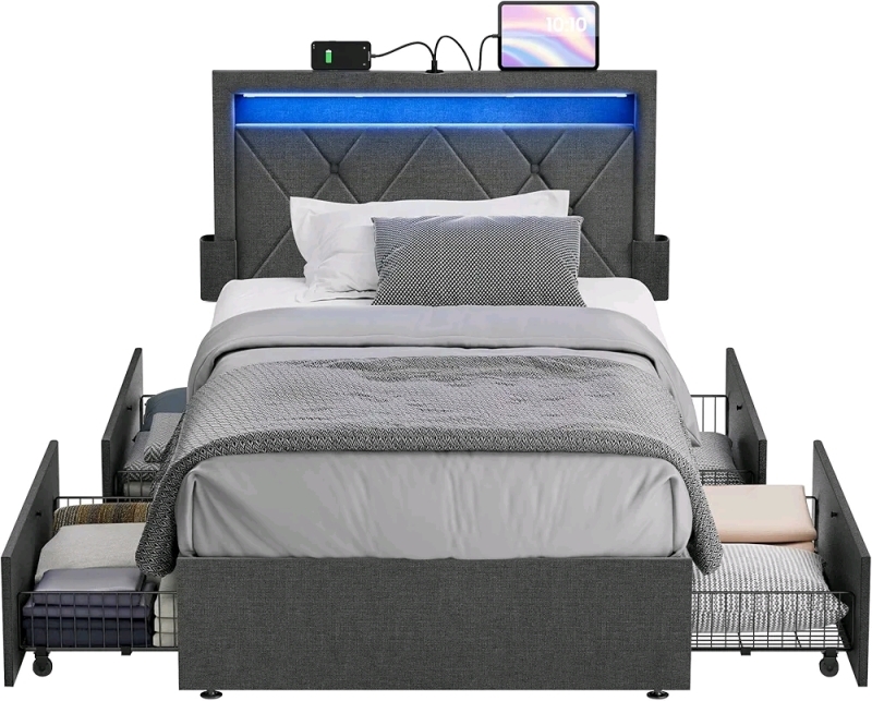New - VASAGLE Twin Size Bed Frame w/LED Headboard and 4 Drawers, 1 USB Port and 1 Type C Port, Adjustable Upholstered Headboard, No Box Spring Needed, Grey URMB823G71 . Retail $290