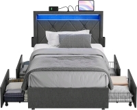 New - VASAGLE Twin Size Bed Frame w/LED Headboard and 4 Drawers, 1 USB Port and 1 Type C Port, Adjustable Upholstered Headboard, No Box Spring Needed, Grey URMB823G71 . Retail $290