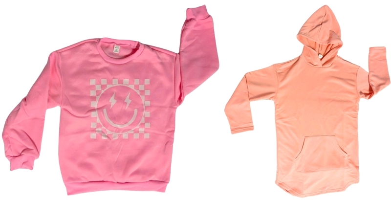 2 New Size 11Y/12Y Girl's Tops : Lightweight Long Peach Hoodie Sweater / Sweater Dress & Pink Smiley Face Sweatshirt