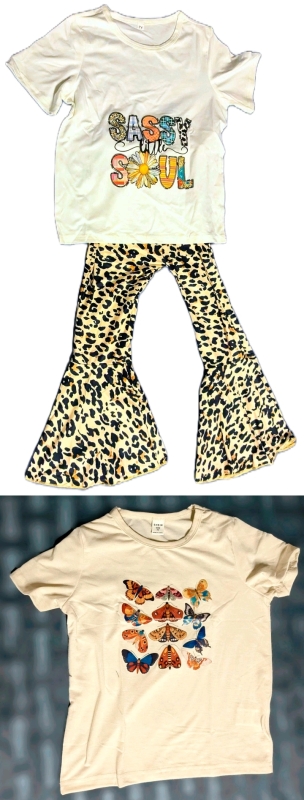 2 New Size 7Y Girl's : 2-Piece Sassy Little Soul T-Shirt + Flared Ruffled Leggings Set & Butterflies+ Moths Tee