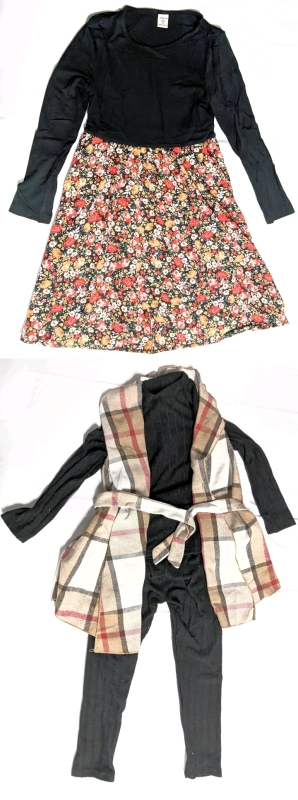 2 New Size 7Y Girl's Outfits : Adorable Floral Dress & 3-Piece Long-Sleeve Top, Leggings & Gilet With Belt
