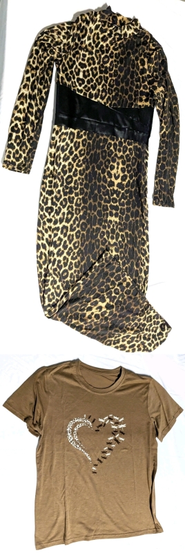 2 New Pieces Size Large Women's : Long Slim Slinky Leopard Dress & Leopard + Dragonflies Heart Graphic T-Shirt
