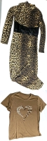 2 New Pieces Size Large Women's : Long Slim Slinky Leopard Dress & Leopard + Dragonflies Heart Graphic T-Shirt