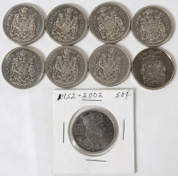 1968 - 2002 Canadian 50 Cent Half Dollar Coins . 1968 &times;3 , 1969 , 1973 , 1974 &times;2 & 2002 &times;2 . Nine (9) Coins