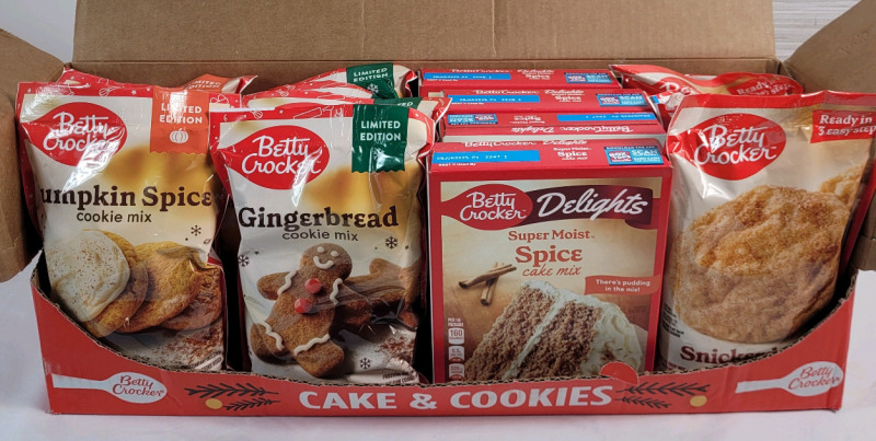 16 New Betty Crocker Cookie & Cake Mixes . Pumpkin Spice Cookie , Gingerbread Cookie , Snickerdoddle Cookie & Spice Cake . Best if used by 08June2025 - 23Aug2025