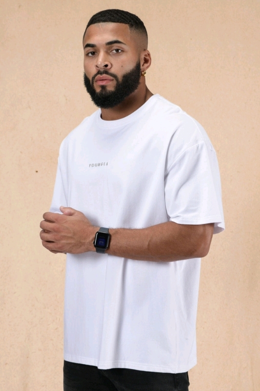 New Size SMALL Men's YOUNGLA # 420 White Wash Essentials Oversized Tee | 97% Cotton, 3% Spandex