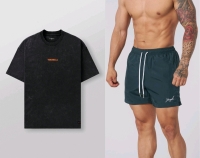 New Size SMALL Men's YOUNGLA # 4014 Black Wash Orange Emblem Tee - 100% Cotton & # 1016 Jungle Green Crinkle Shorts