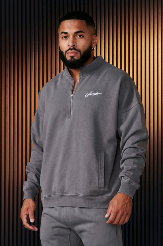 New Size SMALL Men's YOUNGLA # 520 Grey Wash Sunday Quarter Zip Sweatshirt - 100% Cotton | Retails $70