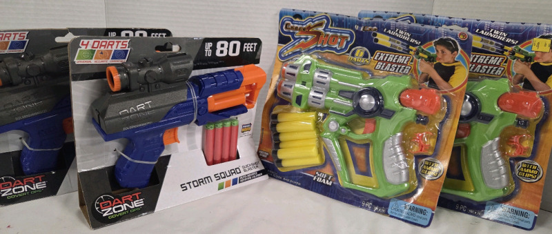 4 New | Toy Guns | (2) Dart Zone Storm Squad QuickShot Blaster w/ 4 Bullets ea. & (2) Cyber Shot Extreme Blaster w/ 6 Darts Ea.
