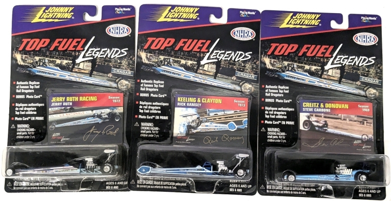 3 Vintage 1999 JOHNNY LIGHTNING NHRA Top Fuel Legends Replica Dragsters : Jerry Ruth, Rick Ramsey, Steve Carbone